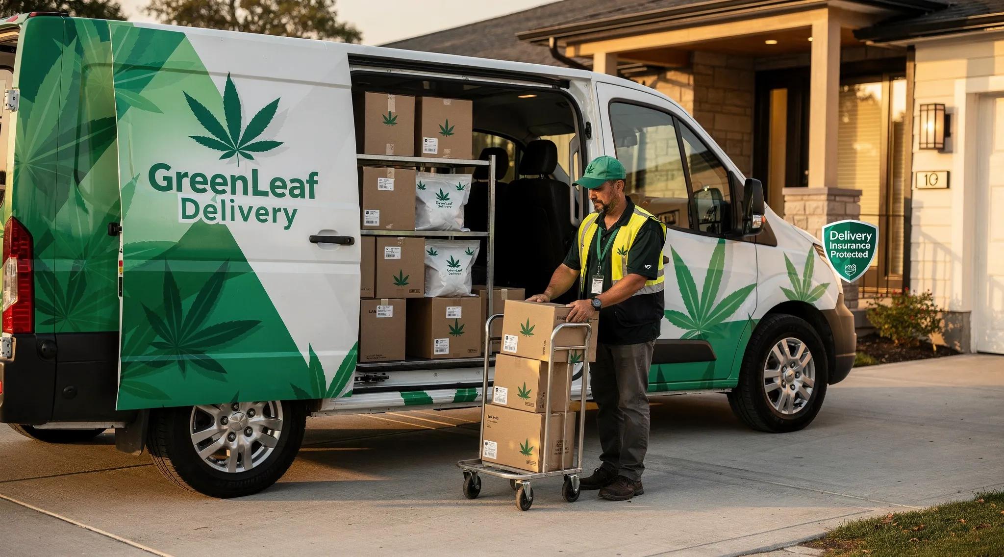 Cannabis delivery vehicle at a residence, highlighting the importance of delivery insurance for safe transport
