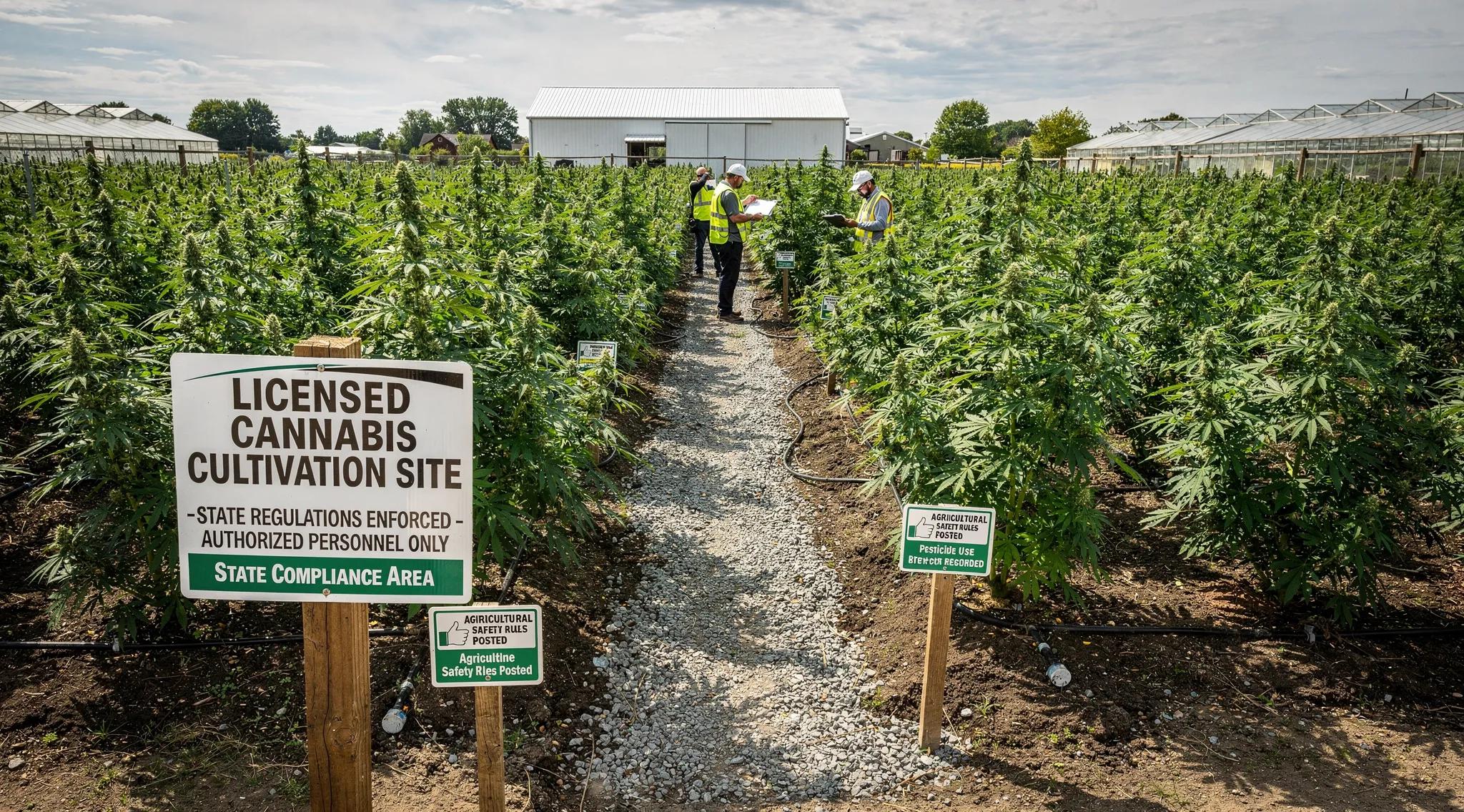 Lush cannabis farm with compliance signage emphasizing state regulations and agriculture