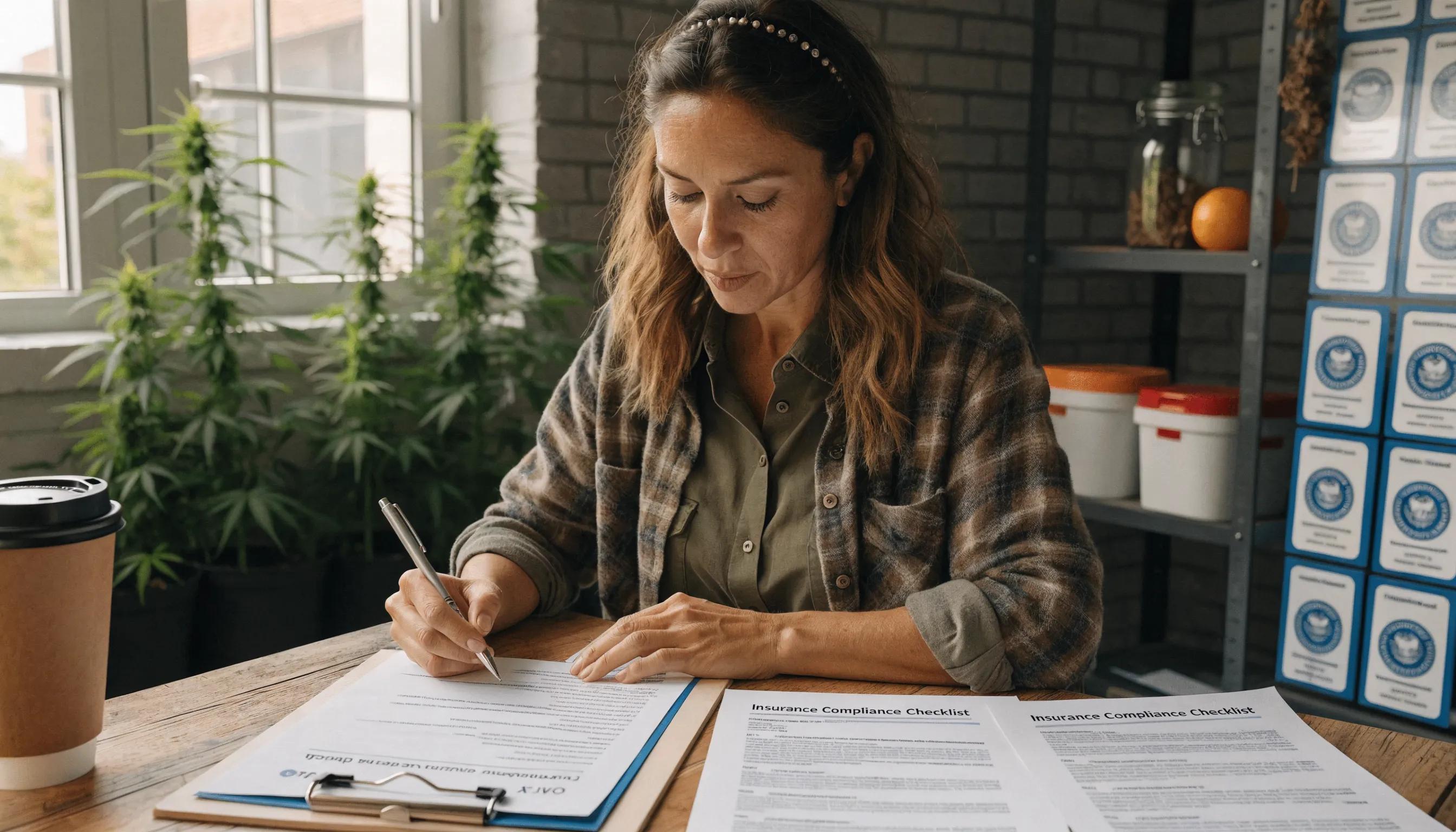 Cannabis business owner checking compliance documents with emphasis on insurance regulations