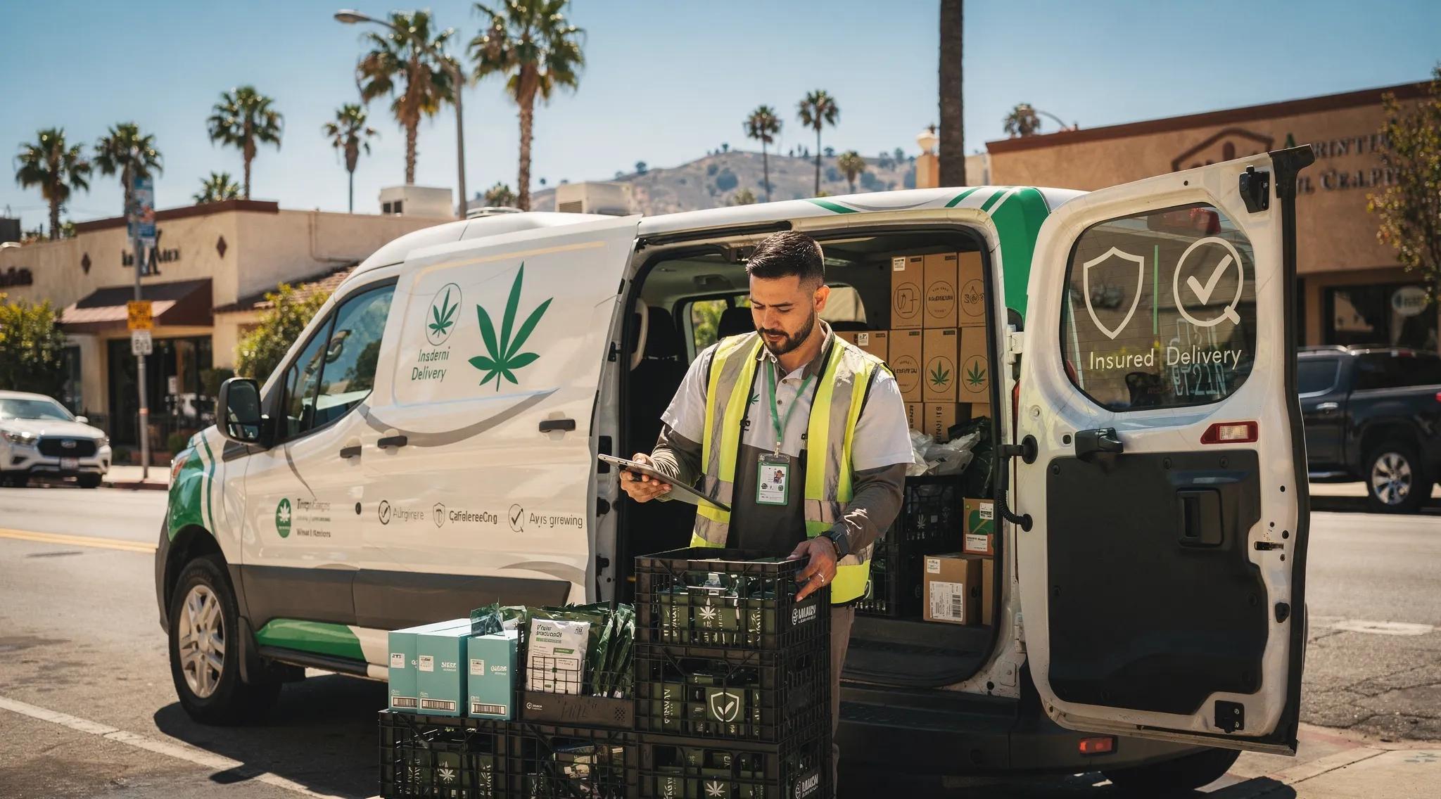 Delivery personnel loading cannabis into a vehicle, highlighting the unique insurance needs for cannabis delivery services.