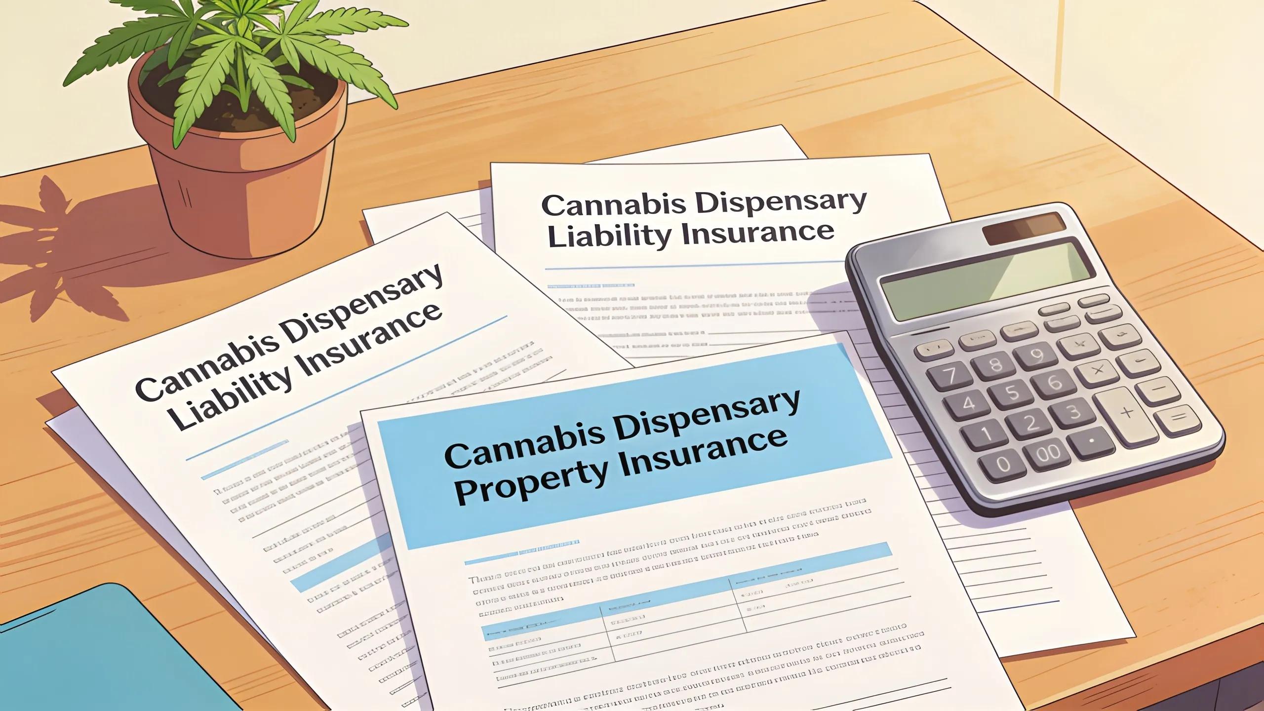 Various insurance documents and a cannabis plant illustrating coverage options for San Francisco dispensaries