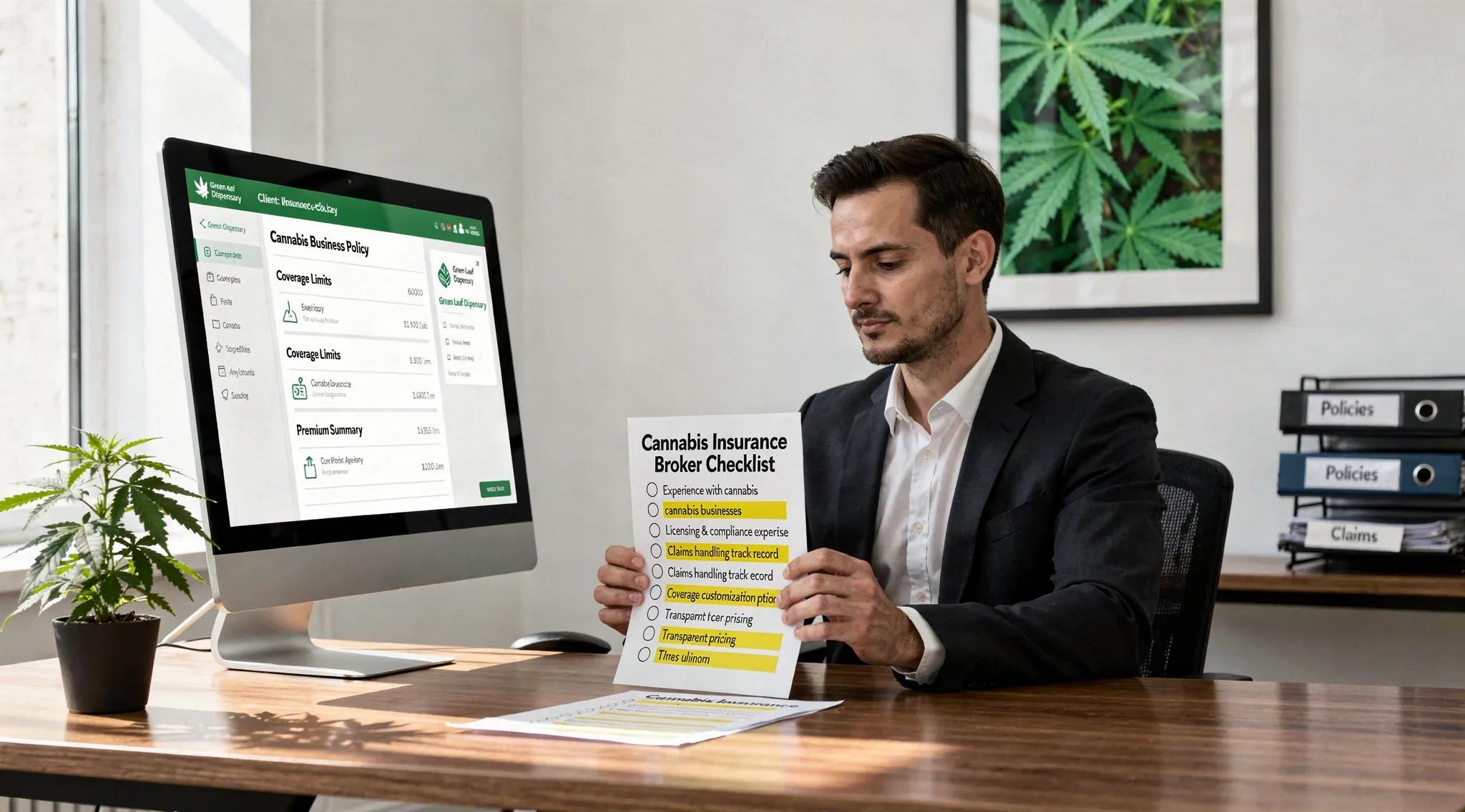 Broker reviewing criteria for selecting top marijuana insurance brokers