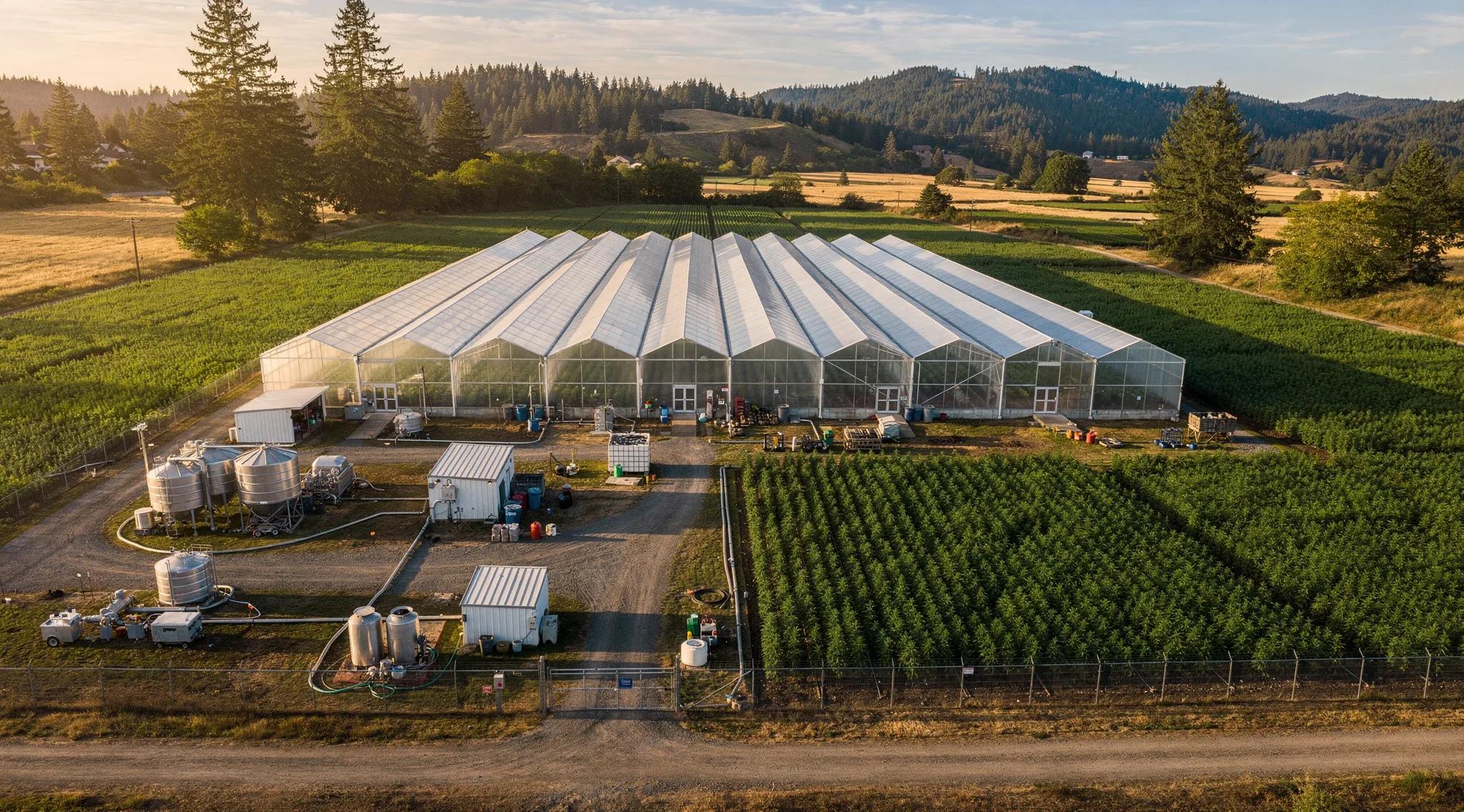 Aerial view of cannabis farm in Humboldt County, showcasing greenhouses and fields
