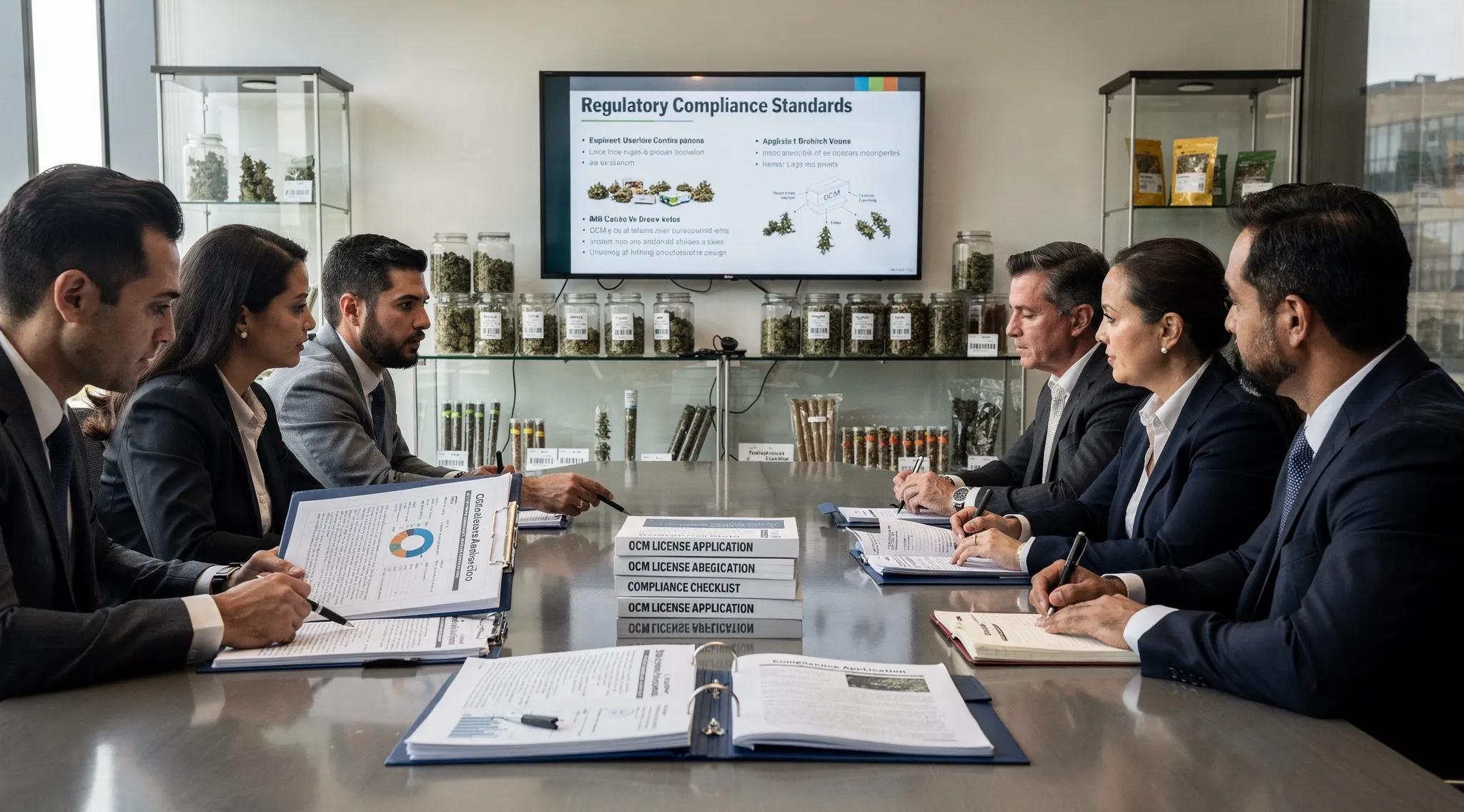 Business meeting discussing cannabis compliance with OCM officials