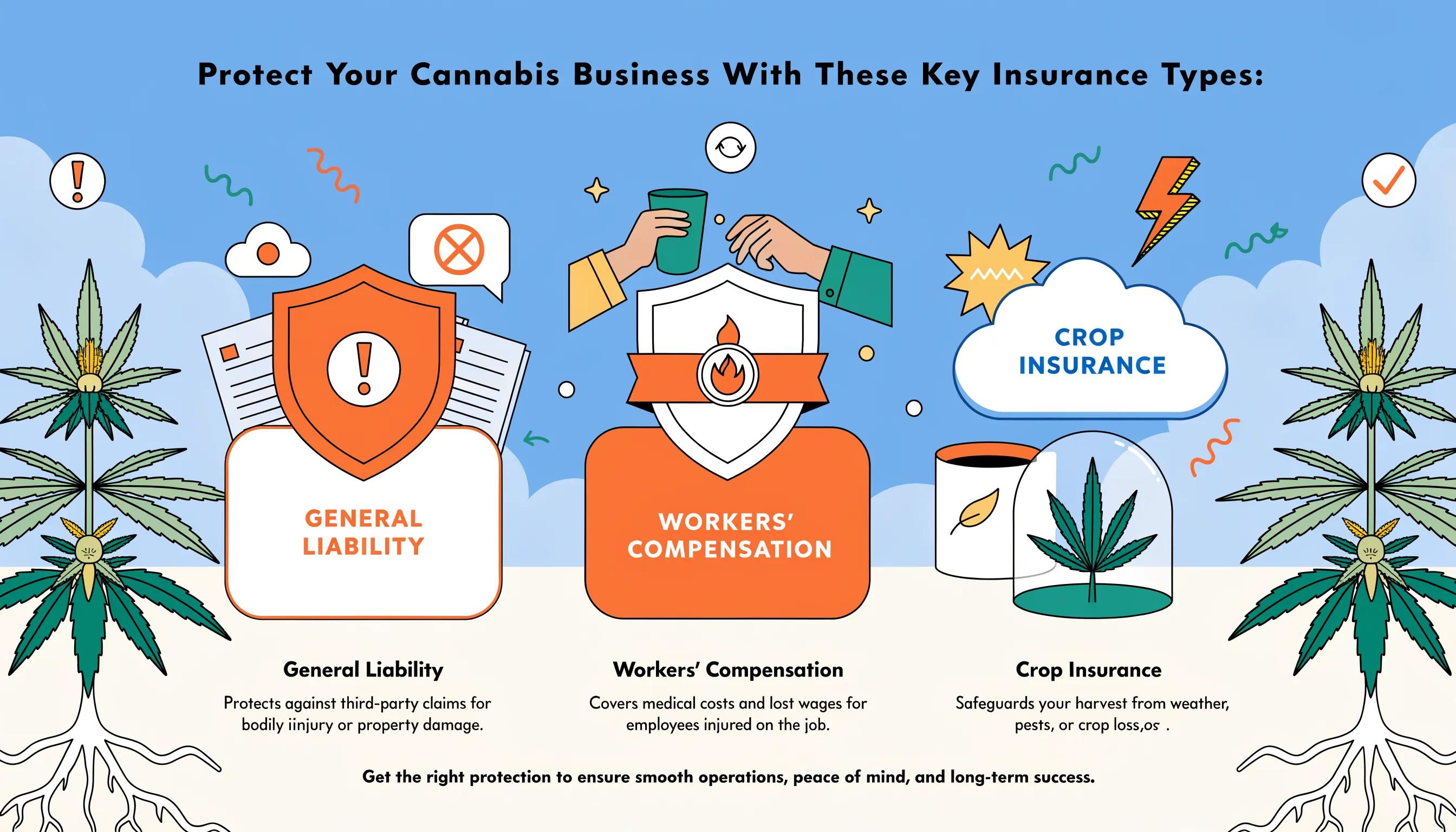 Cannabis insurance coverage types: general liability, workers' compensation, crop insurance