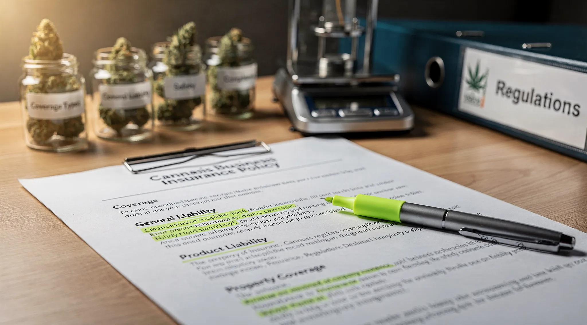 Close-up of cannabis business insurance policy document illustrating coverage types relevant to Ohio DCC