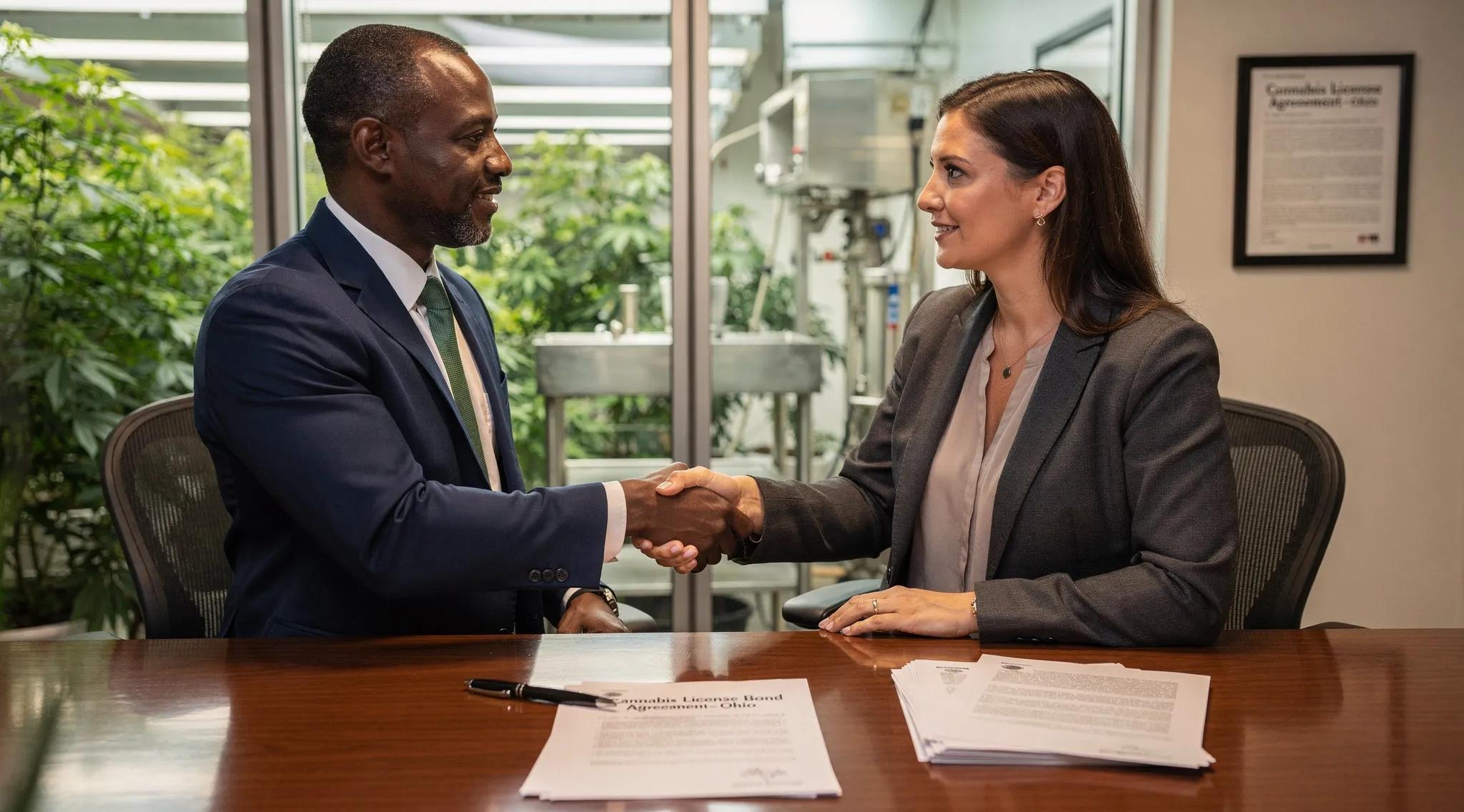 Handshake between cannabis professionals symbolizing partnership and bonding obligations in Ohio's regulatory framework