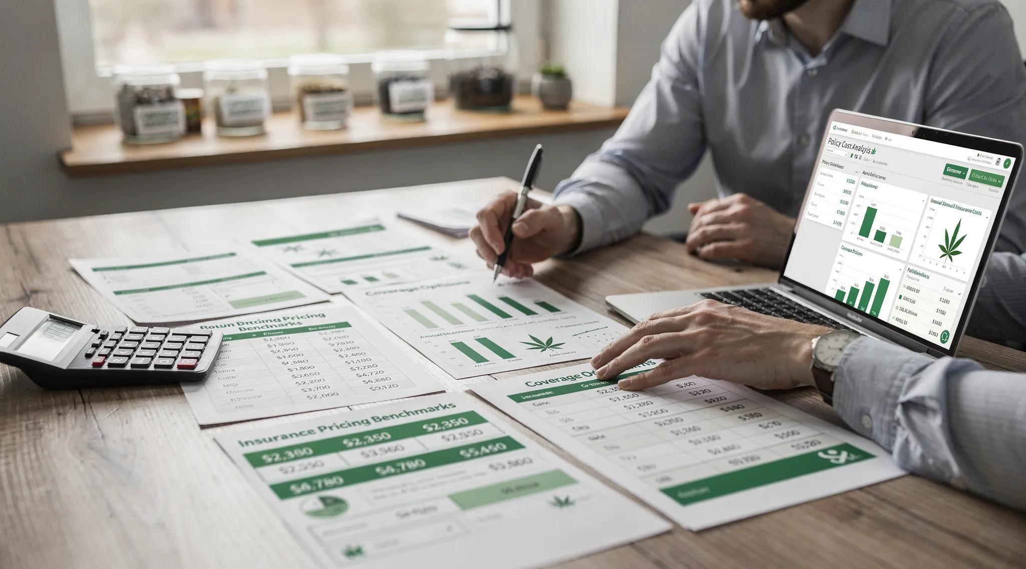 Financial planning session analyzing cannabis insurance pricing benchmarks